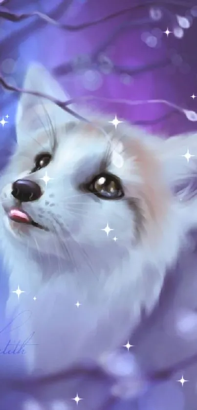 Whimsical fox under a magical purple and blue glow.