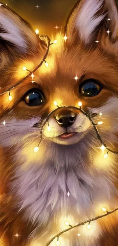 Cute fox wrapped in glowing fairy lights, creating a warm and charming aesthetic.