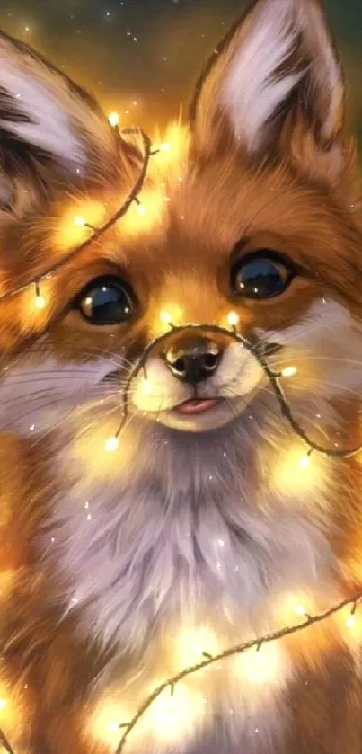 Cute fox wrapped in glowing fairy lights.