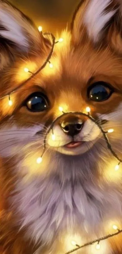 Adorable fox wrapped in glowing fairy lights, creating a warm and enchanting look.