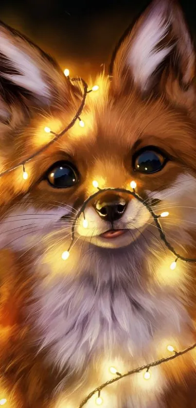 Illustration of a cute fox adorned with fairy lights, perfect mobile wallpaper.