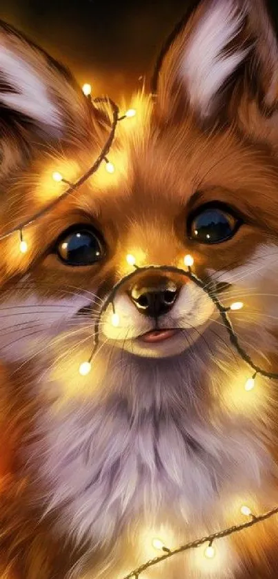 Adorable fox wrapped in glowing fairy lights on a mobile wallpaper.