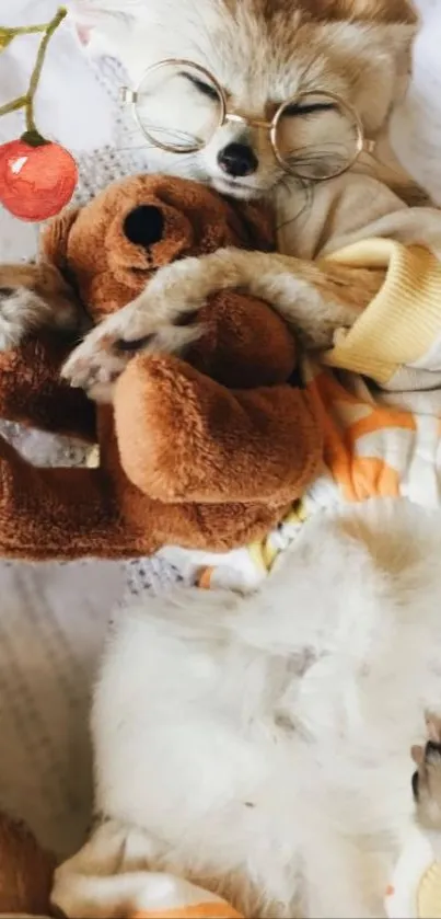 Adorable fox in glasses hugging a teddy bear on cozy wallpaper.