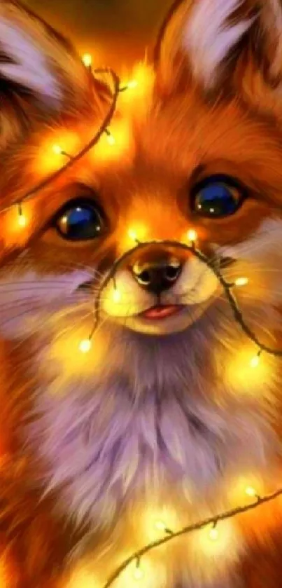 Adorable fox wrapped in twinkling fairy lights.