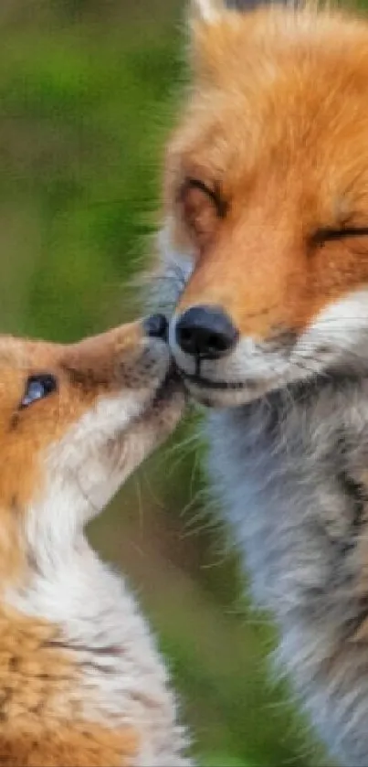 Close-up of two foxes cuddling in nature.
