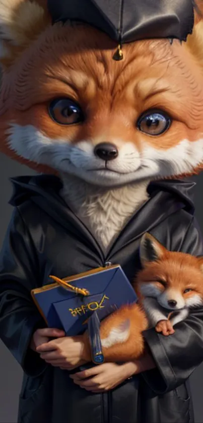 Cute foxes in graduation outfits holding a book.