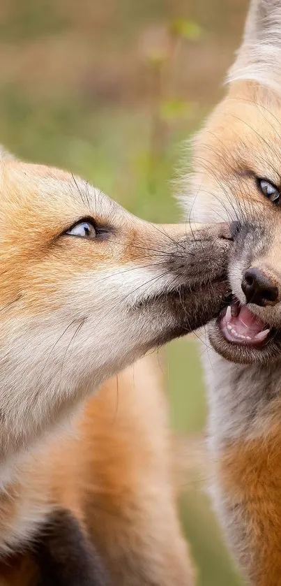 Two playful foxes nuzzling in nature.