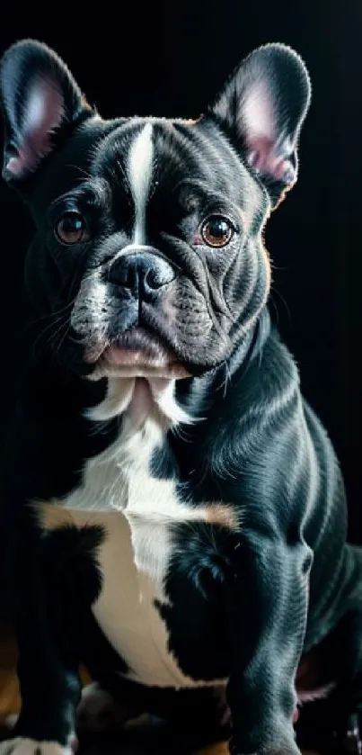 Portrait of a French Bulldog with glossy black fur.