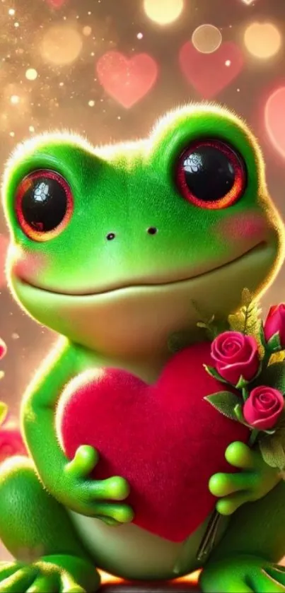 Cute frog holding a heart with roses and lights background.