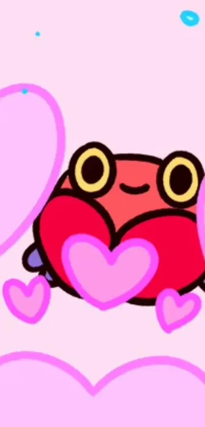 Cartoon frog holding a heart surrounded by pink hearts.