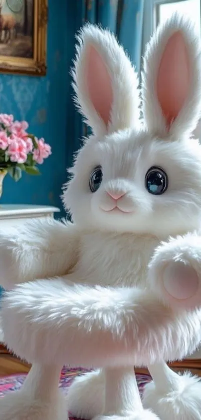 Cute plush bunny chair with floral decor.