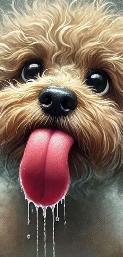 Adorable fluffy puppy with big eyes and sticking tongue.