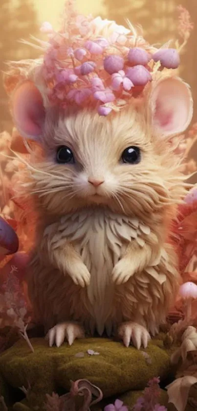 Adorable furry creature in a fantasy floral setting as mobile wallpaper.