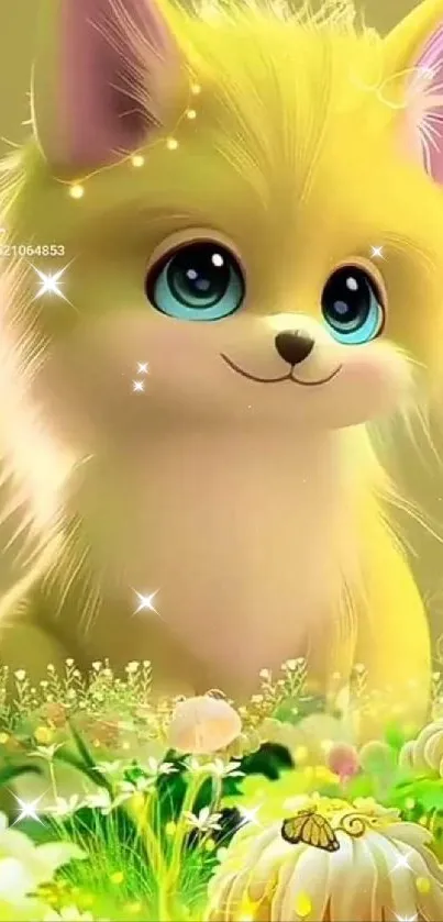 Cute cartoon creature in a yellow floral setting.