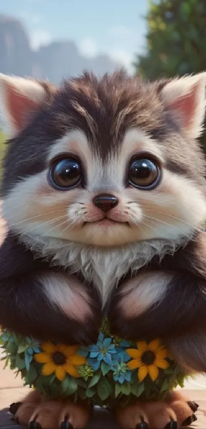 Adorable furry creature with big eyes and flowers, perfect mobile wallpaper.