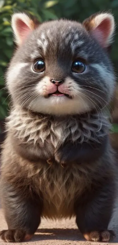 Fluffy kitten with wide eyes standing on the ground.