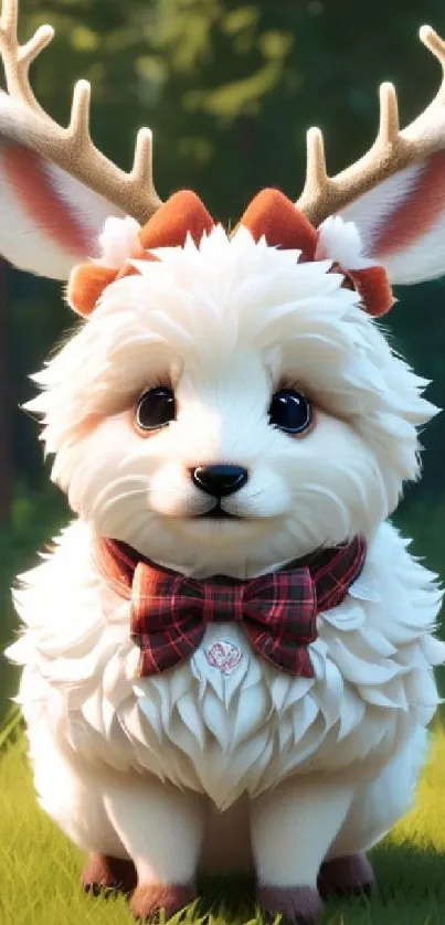 Adorable furry creature with antlers and a bow tie in a forest setting.