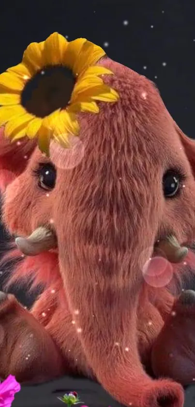 Cute baby elephant with sunflower on dark background wallpaper.