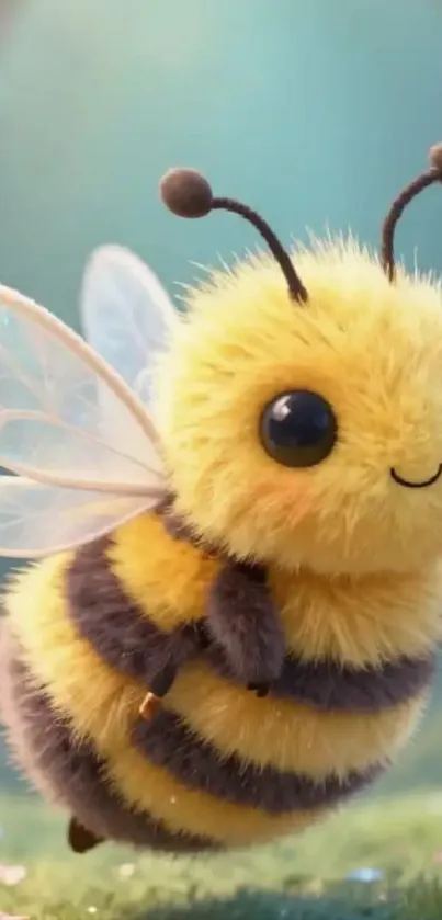 A cute, fuzzy, animated bee in a vibrant setting.