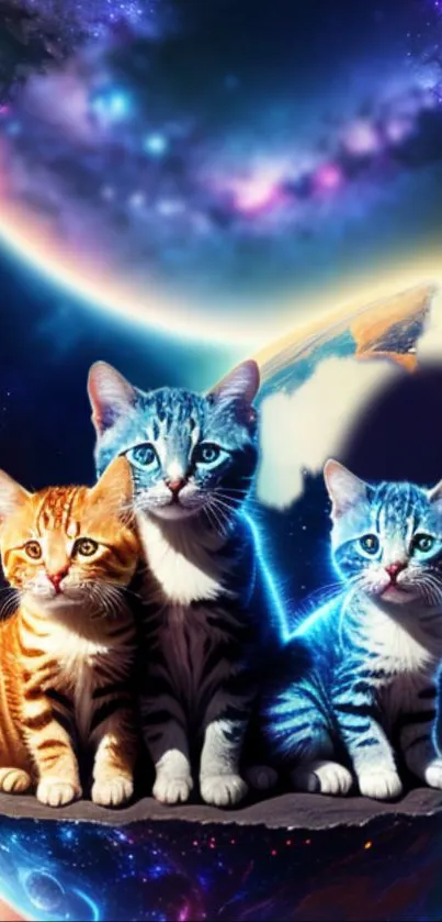 Three adorable kittens with a cosmic galaxy backdrop.