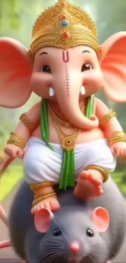 Cute baby Ganesha sitting on a mouse in a colorful illustration.