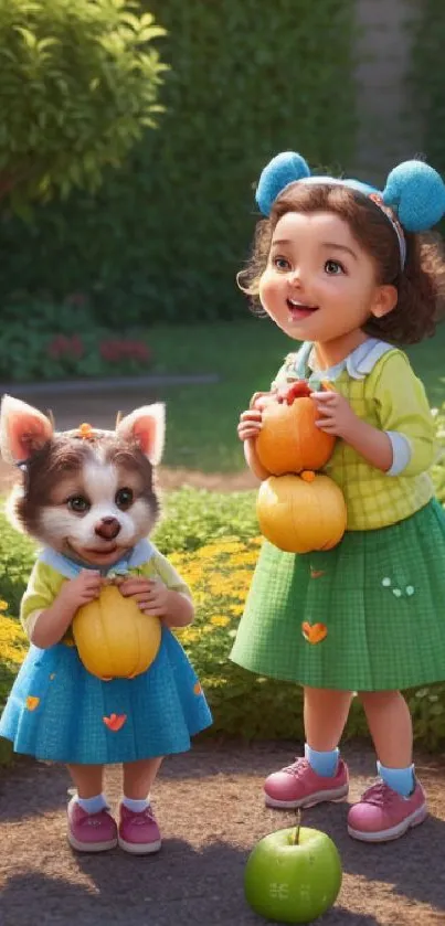 Cute child and dog in a vibrant garden setting.