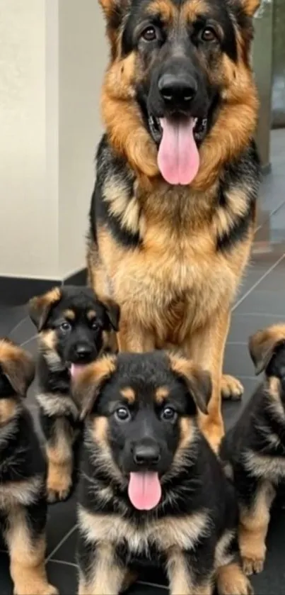 German Shepherd dog with four puppies.