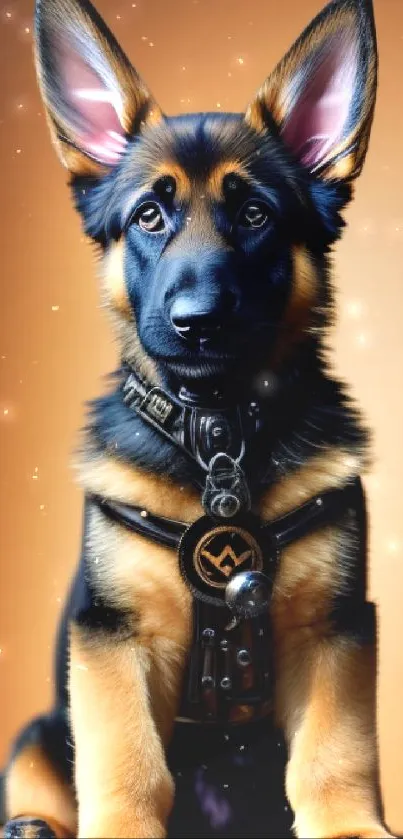 Adorable German Shepherd puppy with a harness, sitting on a warm-toned background.