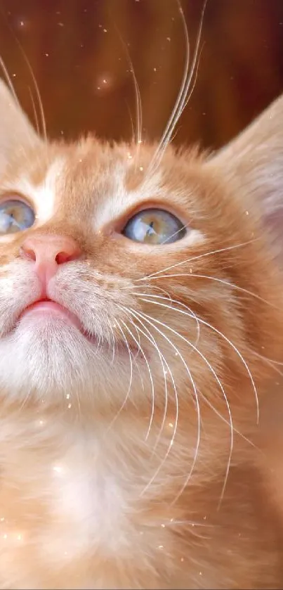 Adorable ginger kitten with blue eyes looking up.