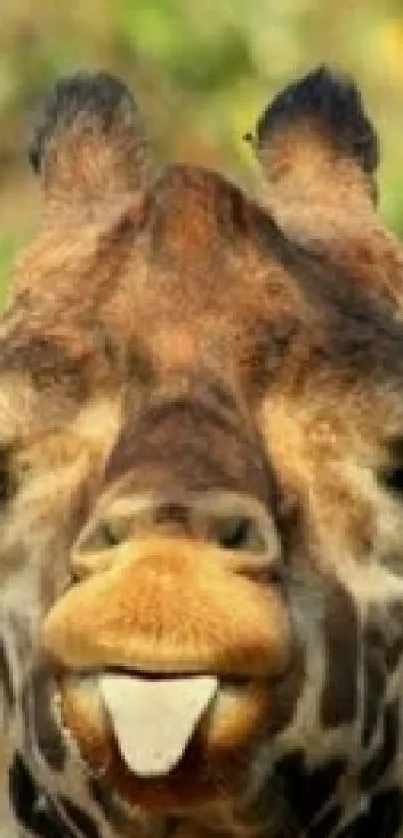 Close-up image of a giraffe sticking out its tongue.
