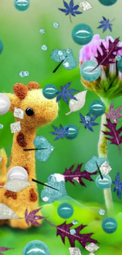 Cute giraffe plush with colorful flora and floating leaves on mobile wallpaper.