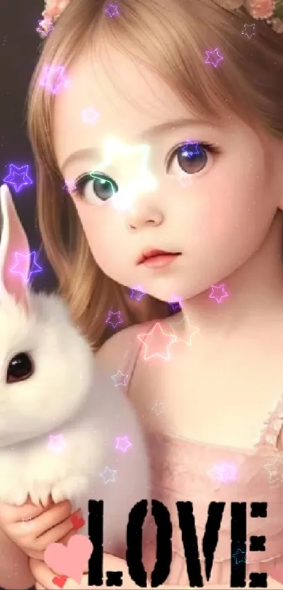 Adorable girl holding a white bunny with love text.