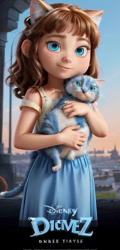 Animated girl with cat ears holding a blue-eyed cat.