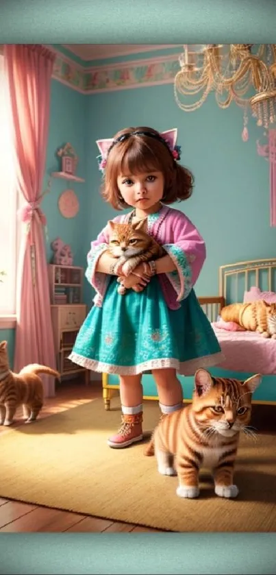 Young girl in teal dress with cats in a cozy, colorful room.