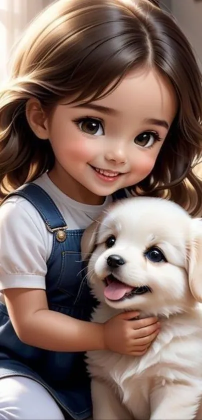 Cute girl with puppy wallpaper, warm and adorable scene.