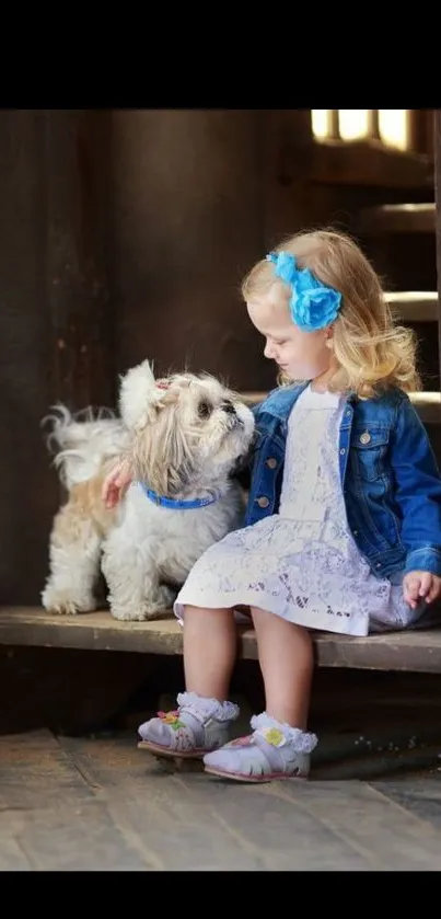 Girl in blue with puppy on steps, charming mobile wallpaper.