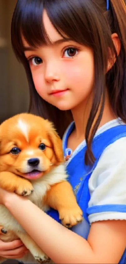 Cute anime girl hugging a puppy in a vibrant cartoon style.