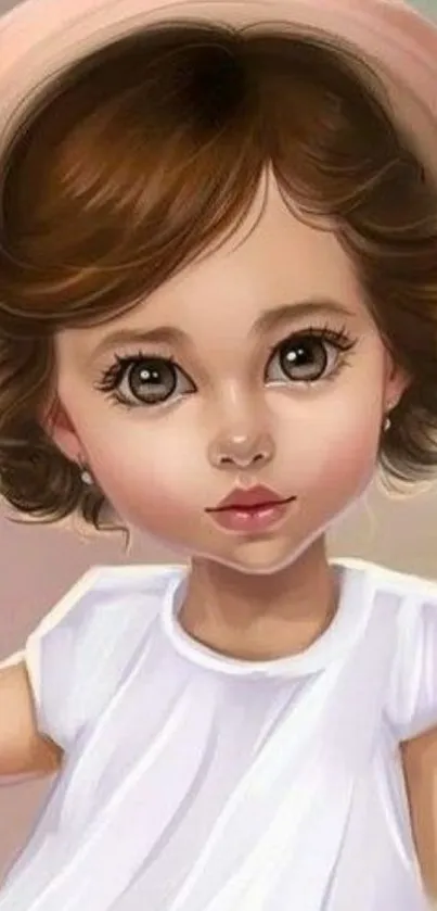 Adorable cartoon girl with big eyes in a pastel art style.