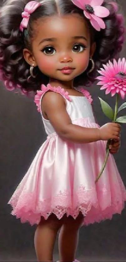 Illustration of a girl in a pink dress holding a flower.