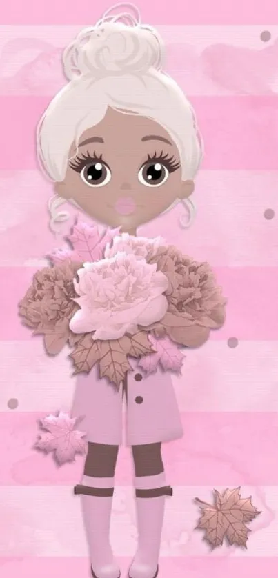 Cartoon girl in pink holding flowers on a striped background.