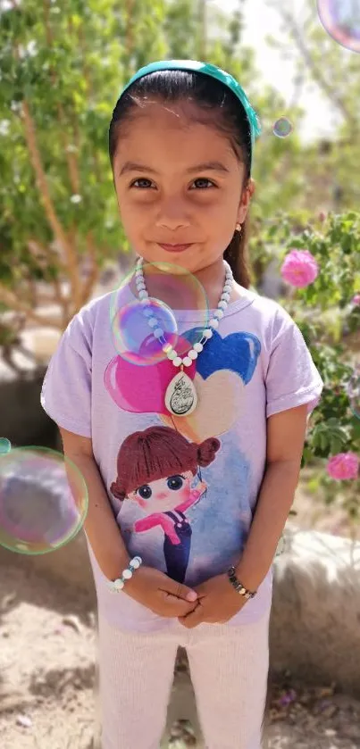 Adorable young girl smiling with colorful bubbles in nature.