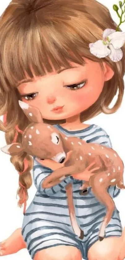 Illlustration of girl holding a fawn with pastel colors.