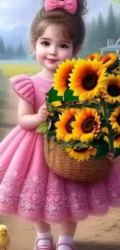 Little girl in pink dress holding sunflowers on a scenic path.