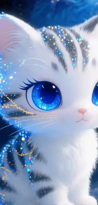 Glittery kitten with big blue eyes in fantasy setting.