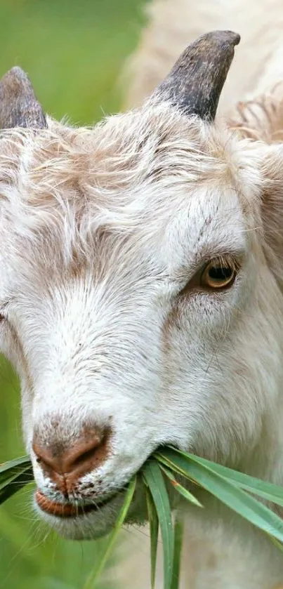 Adorable goat munching grass in a green field.