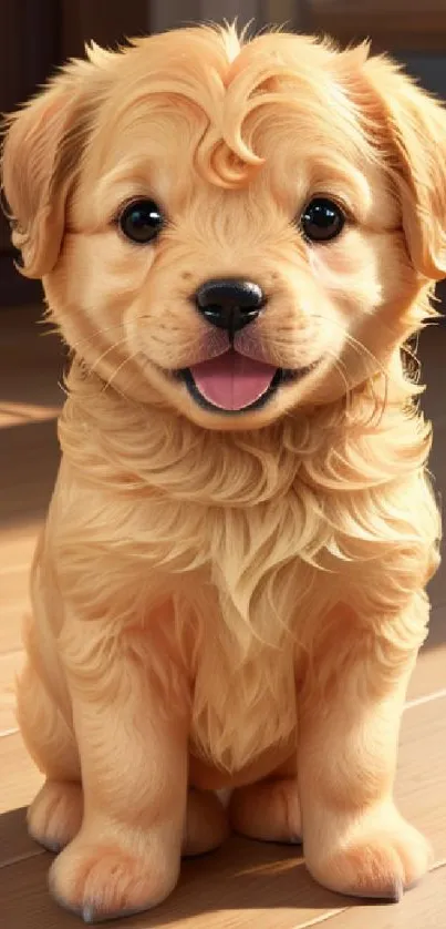 Cute golden puppy sitting on wooden floor, smiling cheerfully.