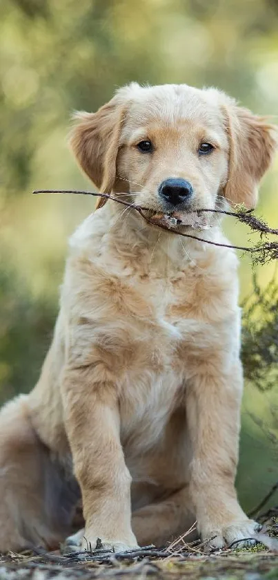 Cute golden retriever puppy holding a stick in a natural setting.