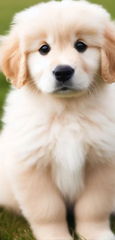 Adorable golden retriever puppy sitting on grass.