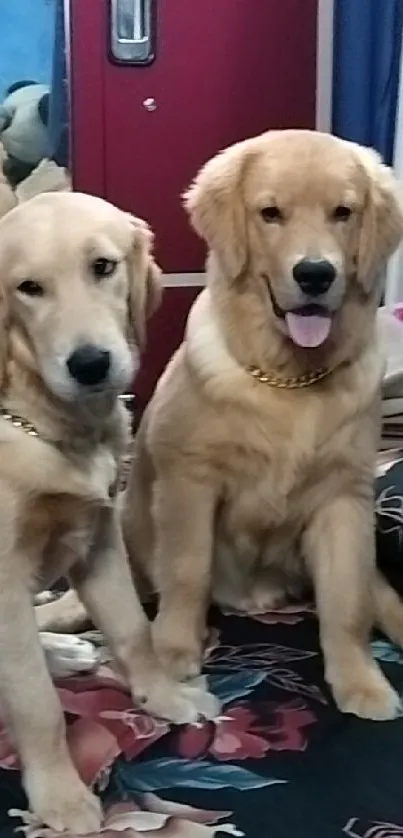 Golden Retrievers on bed in cozy room setting.