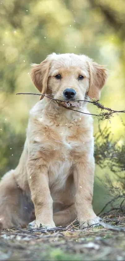 Golden Retriever puppy holding a stick in a forest setting.